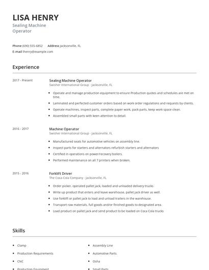 Sealing Machine Operator Resume
