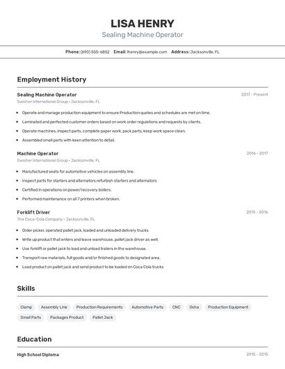 Sealing Machine Operator Resume