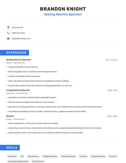 Sealing Machine Operator Resume