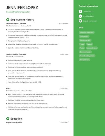 Sealing Machine Operator Resume