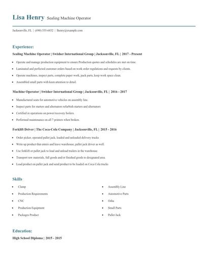 Sealing Machine Operator Resume