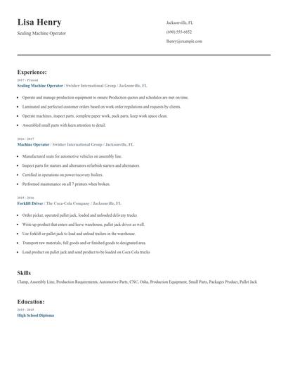 Sealing Machine Operator Resume