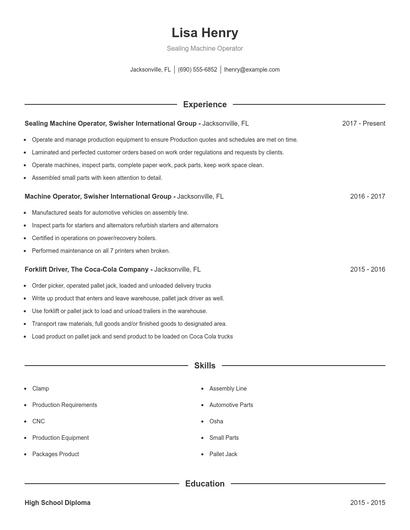 Sealing Machine Operator Resume
