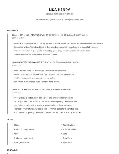Sealing Machine Operator Resume