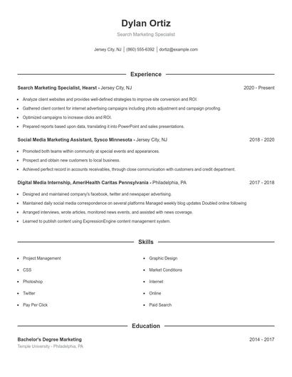 Search Marketing Specialist Resume