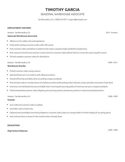 Seasonal Warehouse Associate Resume