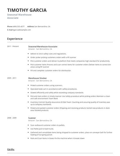 Seasonal Warehouse Associate Resume