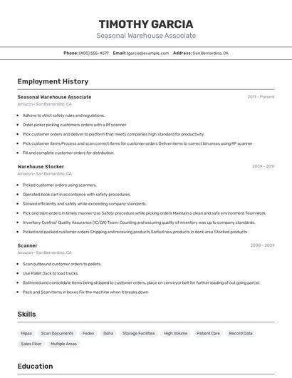 Seasonal Warehouse Associate Resume