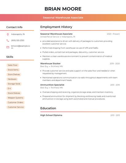 Seasonal Warehouse Associate Resume