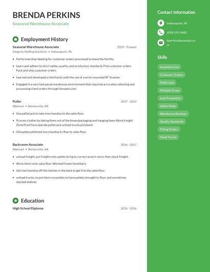 Seasonal Warehouse Associate Resume