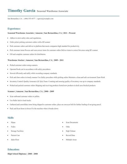 Seasonal Warehouse Associate Resume