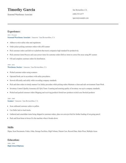 Seasonal Warehouse Associate Resume