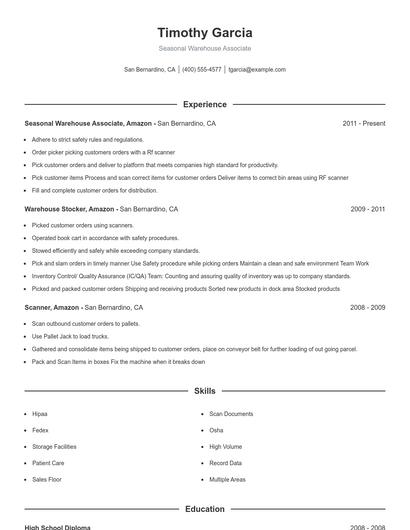 Seasonal Warehouse Associate Resume