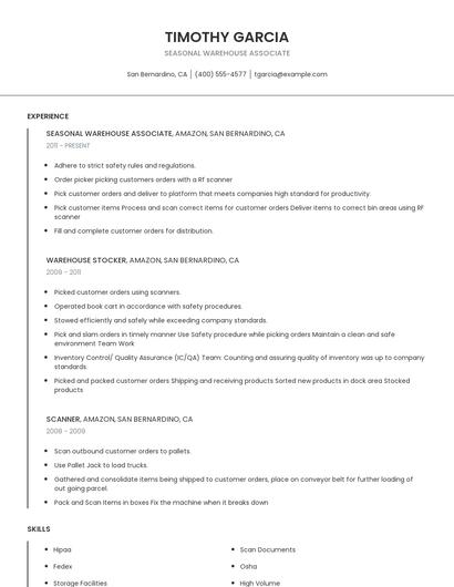 Seasonal Warehouse Associate Resume