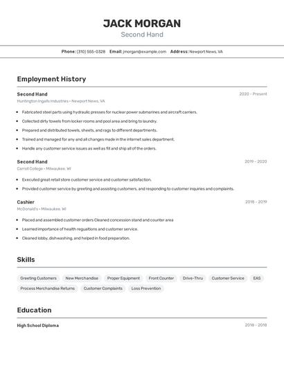 Second Hand Resume