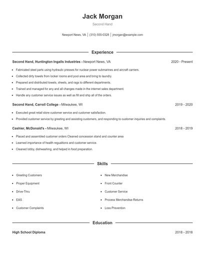 Second Hand Resume