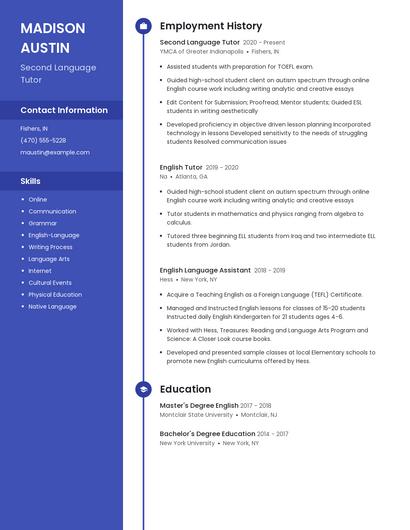 Second Language Tutor Resume
