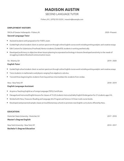 Second Language Tutor Resume