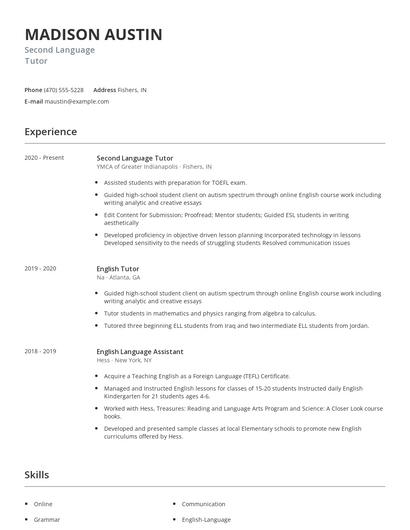 Second Language Tutor Resume