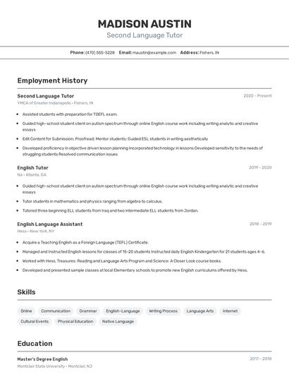 Second Language Tutor Resume