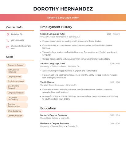 Second Language Tutor Resume