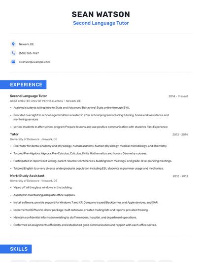 Second Language Tutor Resume