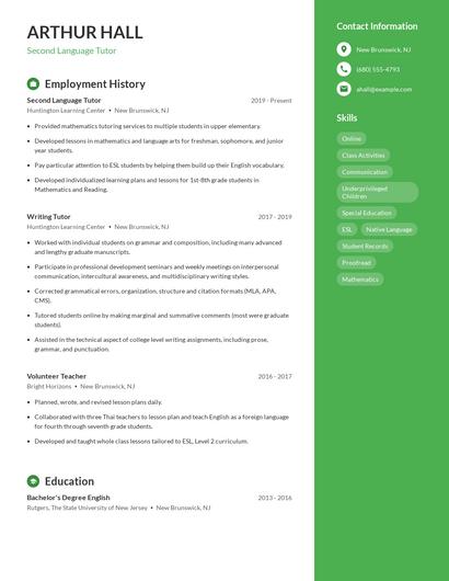 Second Language Tutor Resume