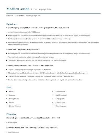 Second Language Tutor Resume