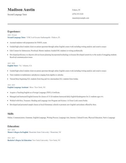 Second Language Tutor Resume
