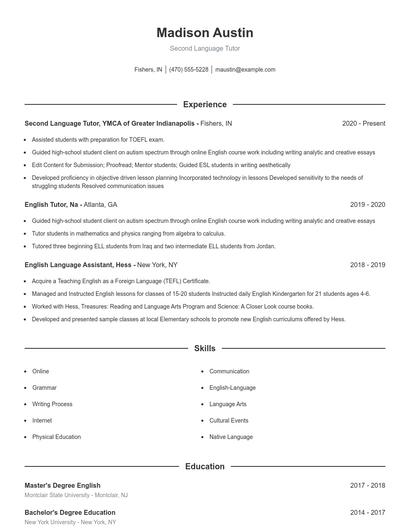 Second Language Tutor Resume
