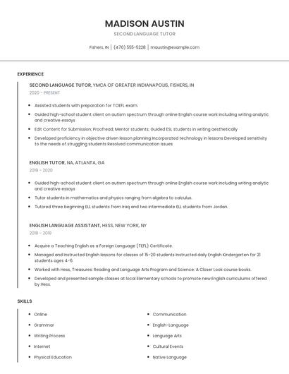 Second Language Tutor Resume