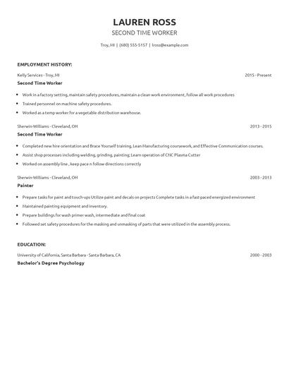 Second Time Worker Resume