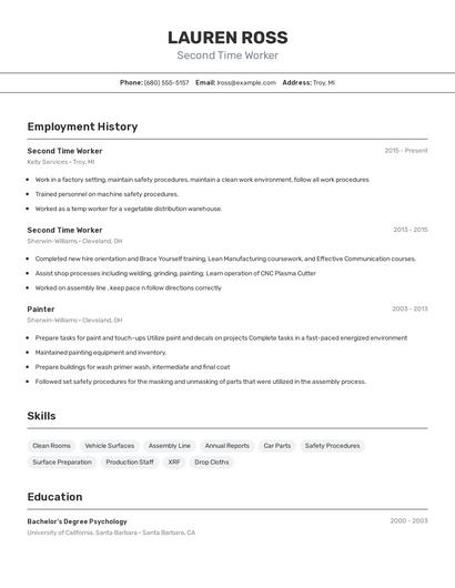 Second Time Worker Resume