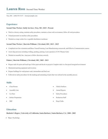 Second Time Worker Resume