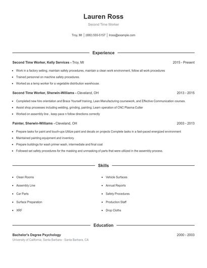 Second Time Worker Resume