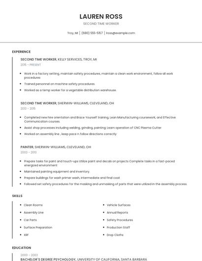 Second Time Worker Resume