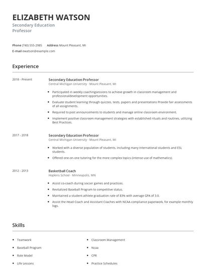 Secondary Education Professor Resume