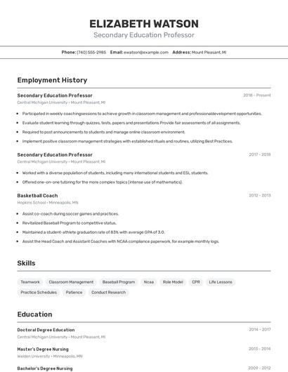 Secondary Education Professor Resume