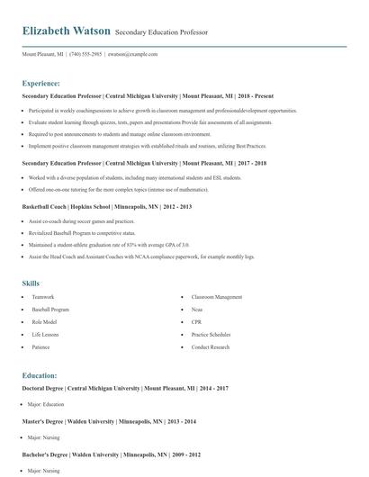 Secondary Education Professor Resume