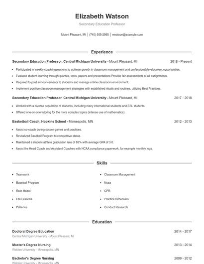 Secondary Education Professor Resume