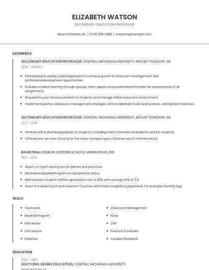 Secondary Education Professor Resume
