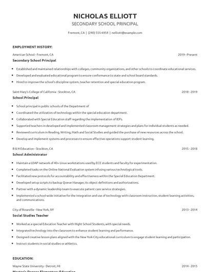 Secondary School Principal Resume
