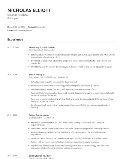 Secondary School Principal Resume
