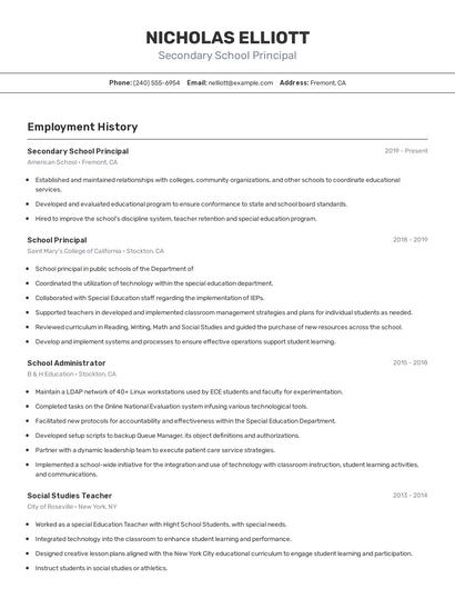 Secondary School Principal Resume