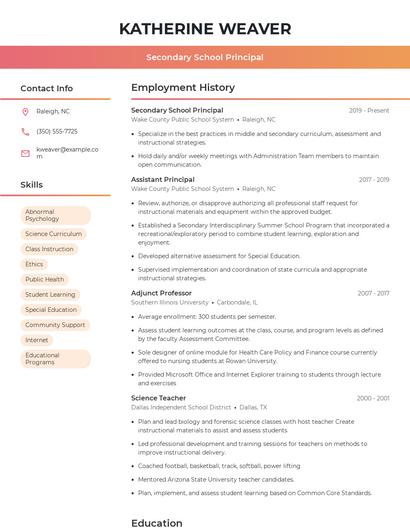 Secondary School Principal Resume