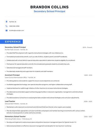 Secondary School Principal Resume