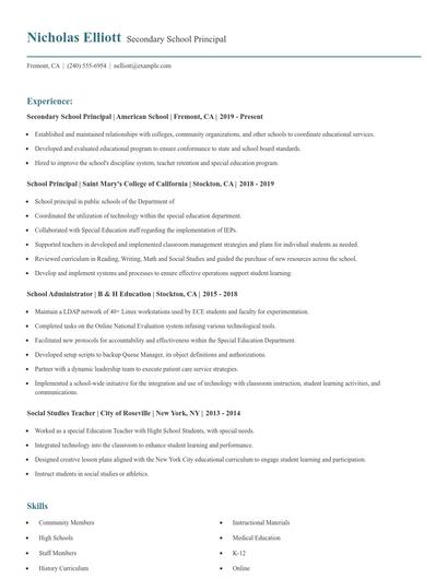 Secondary School Principal Resume