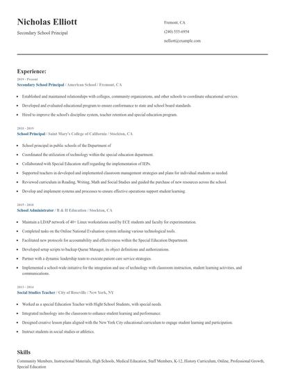 Secondary School Principal Resume