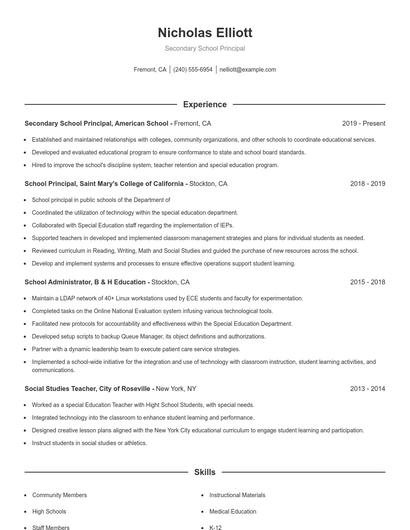 Secondary School Principal Resume