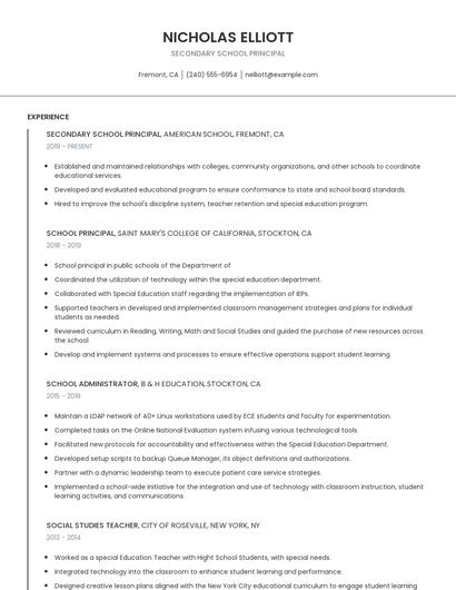 Secondary School Principal Resume